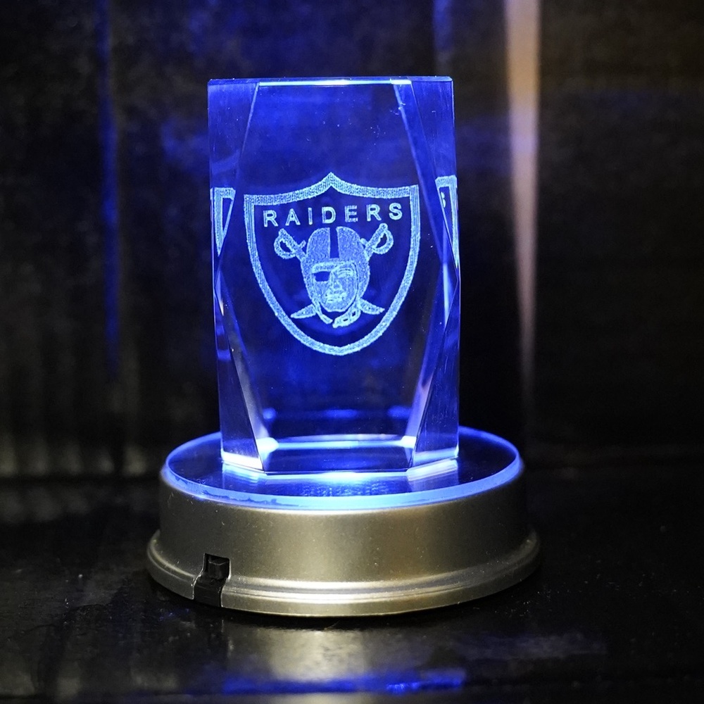 Blue and Silver Crystal Display with Illuminated Shield Design